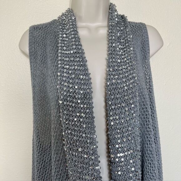 Gianni Bini Gray Duster Long Line Vest Sequin Beaded Waterfall Women Size Large - Picture 3 of 11